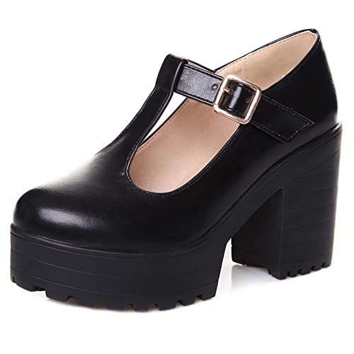 Diuniarza Damen Mary-Jane-Schuhe mit Klobigem Absatz Runde Zehen Modische Pump Schnalle Kleiderschuhe mit Hohem Absatz mit Plateau T-Spange, 13390Nej Schwarz Gr 43 EU von Diuniarza
