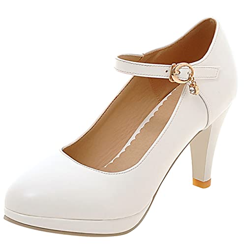 Diuniarza Damen Mary-Jane-Schuhe mit Konischem Absatz Runde Zehen Elegante Pump Schnalle Kleiderschuhe mit Hohem Absatz mit Plateau, 16926Dtr Weiß Gr 39 EU von Diuniarza
