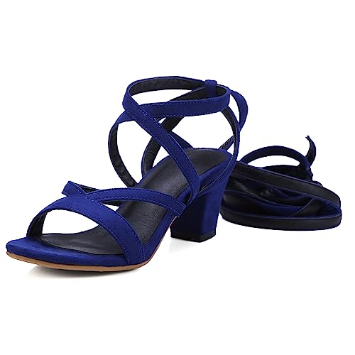 Diuniarza Damen Mid Chunky Heel Offene Zeh Cross Strap Sandals Wildleder Blockabsatz Runde Zehen Gladiator Schnüren Blau Gr 35 EU von Diuniarza