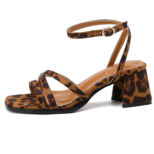 Diuniarza Damen Mid Chunky Heel Sandals Knöchelriemchen Offene Zeh Block Sandalen Bogenties Leisure Slingback Leopard Gr 36.5 EU/37 von Diuniarza
