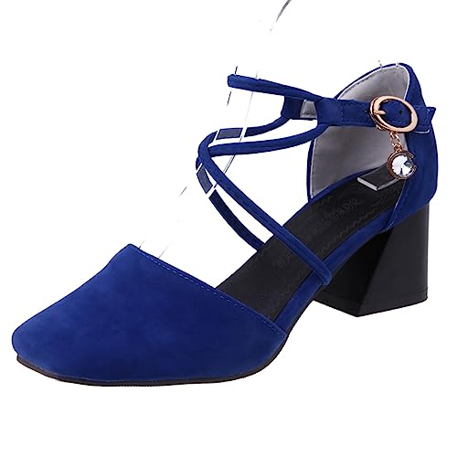 Diuniarza Damen Mitte Blockabsatz Cross Strap Mary Jane Square Toe Sommer Sandales Geschlossen Pump Wildleder Abendschuhe Blau Gr 34 EU von Diuniarza