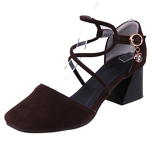 Diuniarza Damen Mitte Blockabsatz Cross Strap Mary Jane Square Toe Sommer Sandales Geschlossen Pump Wildleder Abendschuhe Braun Gr 32 EU von Diuniarza