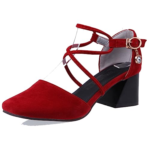 Diuniarza Damen Mitte Blockabsatz Cross Strap Mary Jane Square Toe Sommer Sandales Geschlossen Pump Wildleder Abendschuhe Rot Gr 41 EU/43 Asiatisch von Diuniarza