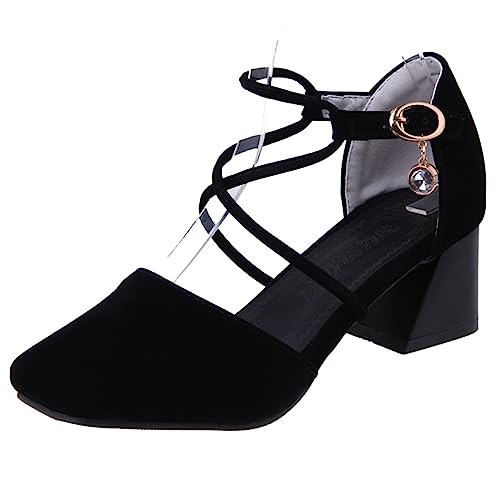 Diuniarza Damen Mitte Blockabsatz Cross Strap Mary Jane Square Toe Sommer Sandales Geschlossen Pump Wildleder Abendschuhe Schwarz Gr 40 EU/41 Asiatisch von Diuniarza