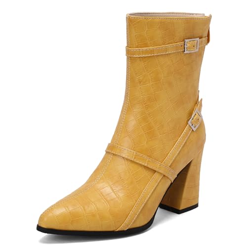 Diuniarza Damen Mittelhohe Stiefel Stiefeletten Elegant Pointed Toe Mode Anzugstiefel Pointed Toe Schnalle Chelsea Blockabsatz Gelb Gr 47 EU/49 Asiatisch von Diuniarza