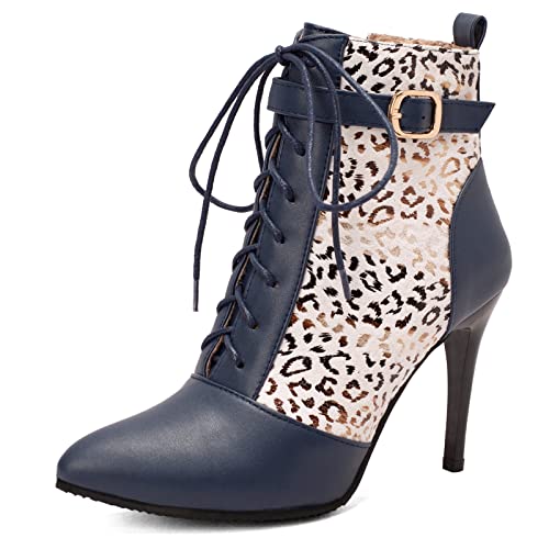 Diuniarza Damen Mode Stilettos Schnüren Warm Motorradstiefel Pointed Toe Reißverschluss Mittelhohe Stiefel Hochzeit Anzugstiefel Party Stiefeletten Blau Gr 37 EU/38 Asiatisch von Diuniarza
