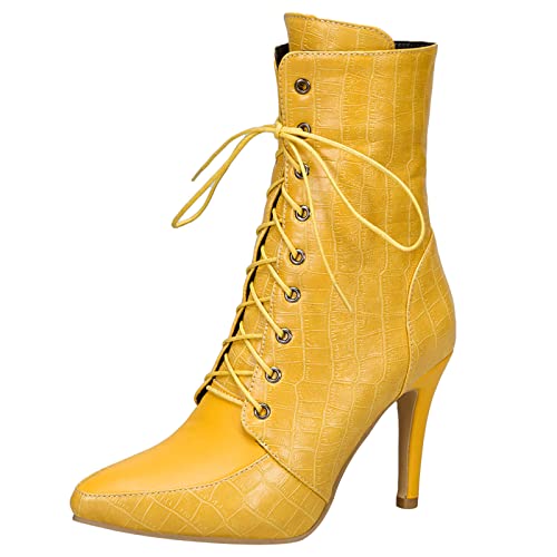 Diuniarza Damen Mode Stilettos Schnüren Warm Motorradstiefel Pointed Toe Reißverschluss Mittelhohe Stiefel Hochzeit Anzugstiefel Party Stiefeletten Gelb Gr 35 EU von Diuniarza