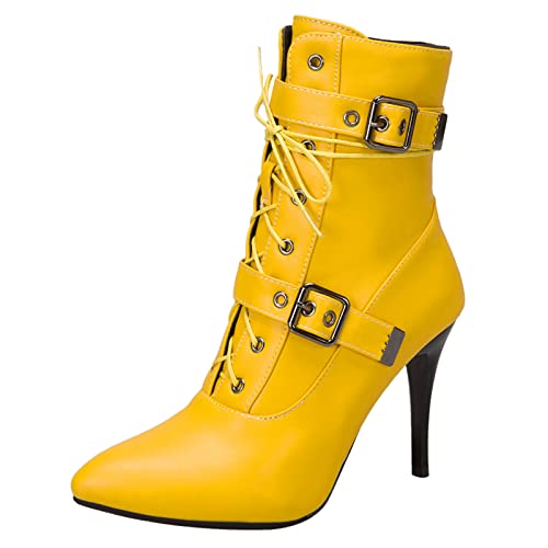 Diuniarza Damen Mode Stilettos Schnüren Warm Motorradstiefel Pointed Toe Reißverschluss Mittelhohe Stiefel Hochzeit Anzugstiefel Party Stiefeletten Gelb Gr 37 EU/38 Asiatisch von Diuniarza