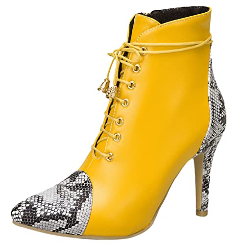 Diuniarza Damen Mode Stilettos Schnüren Warm Motorradstiefel Pointed Toe Reißverschluss Mittelhohe Stiefel Hochzeit Anzugstiefel Party Stiefeletten Gelb Gr 41 EU/43 Asiatisch von Diuniarza