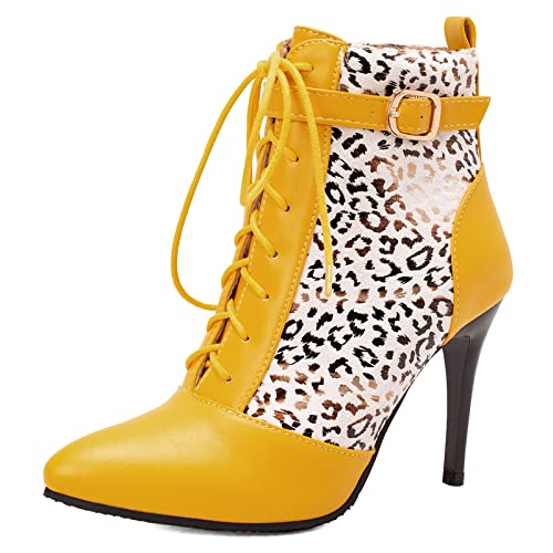 Diuniarza Damen Mode Stilettos Schnüren Warm Motorradstiefel Pointed Toe Reißverschluss Mittelhohe Stiefel Hochzeit Anzugstiefel Party Stiefeletten Gelb Gr 47 EU/49 Asiatisch von Diuniarza