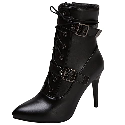 Diuniarza Damen Mode Stilettos Schnüren Warm Motorradstiefel Pointed Toe Reißverschluss Mittelhohe Stiefel Hochzeit Anzugstiefel Party Stiefeletten Schwarz Gr 34 EU von Diuniarza
