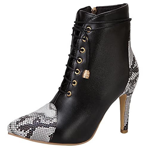 Diuniarza Damen Mode Stilettos Schnüren Warm Motorradstiefel Pointed Toe Reißverschluss Mittelhohe Stiefel Hochzeit Anzugstiefel Party Stiefeletten Schwarz Gr 37 EU/38 Asiatisch von Diuniarza