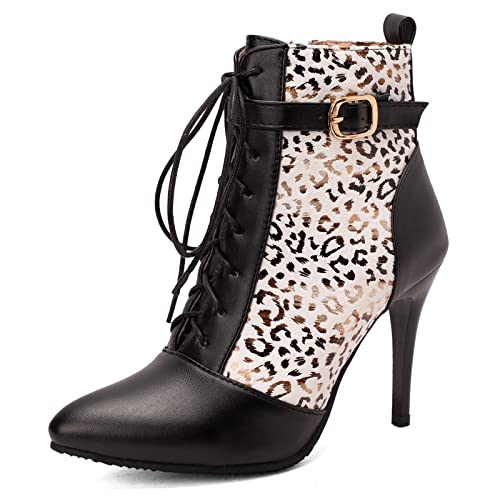 Diuniarza Damen Mode Stilettos Schnüren Warm Motorradstiefel Pointed Toe Reißverschluss Mittelhohe Stiefel Hochzeit Anzugstiefel Party Stiefeletten Schwarz Gr 40 EU/41 Asiatisch von Diuniarza