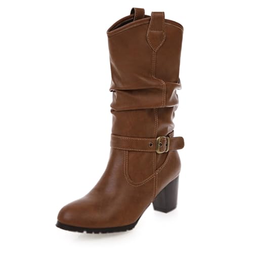 Diuniarza Damen Ohne Verschluss Hohe Stiefel Damen Lockere Stiefel Runde Zehen Weit Calf Klassische Retro Braun Gr 34 EU von Diuniarza