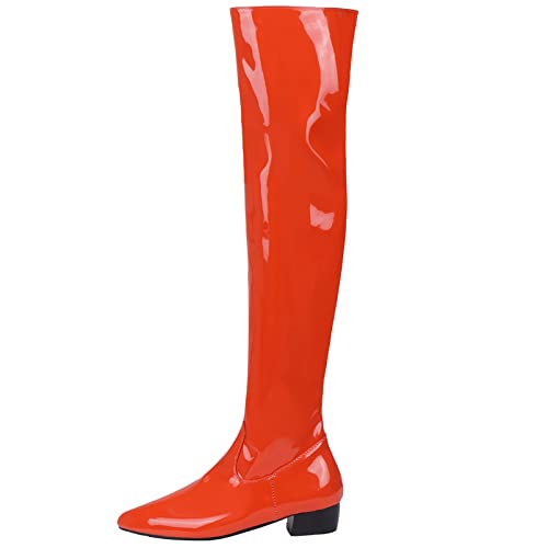 Diuniarza Damen Overknee Stiefel mit Mittlerem Absatz, Partystiefel Blockabsatz Zip Pointed Toe Boots Mode, 18608Qru Orange Gr 48 EU von Diuniarza