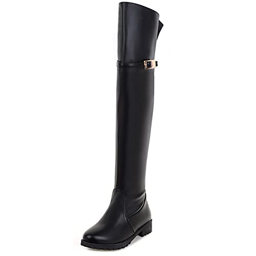 Diuniarza Damen Overknee Stiefel mit Mittlerem Absatz, Reitstiefel Flach Zip Runde Zehen Boots Leisure, 25050Vnb Schwarz Gr 37 EU von Diuniarza