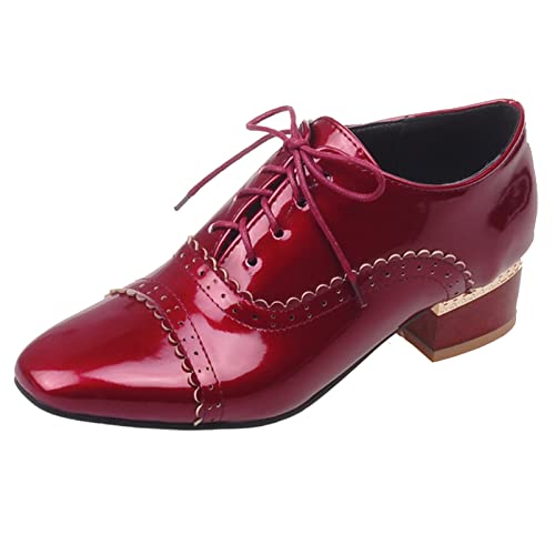Diuniarza Damen Oxford mit Blockabsatz Square Toe Komfort-Pump Schnüren Brogue-Schuhe mit Mittlerem Absatz, 4486Ydq Rotwein Gr 39 EU von Diuniarza