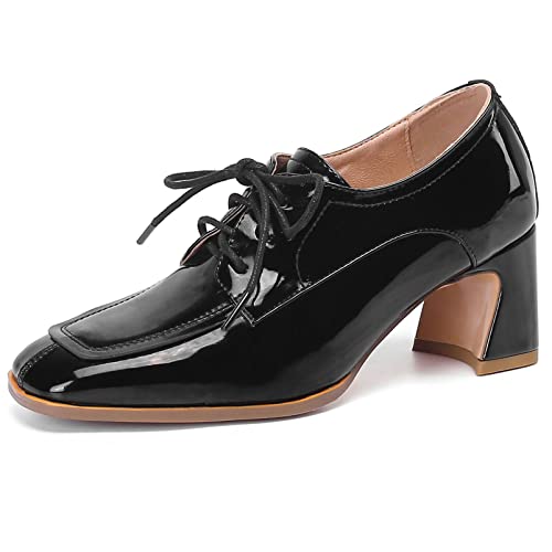 Diuniarza Damen Oxford mit Blockabsatz Square Toe Lässige Pump Schnüren Kleiderschuhe mit Mittlerem Absatz, 19128Pss Schwarz Gr 40 EU von Diuniarza