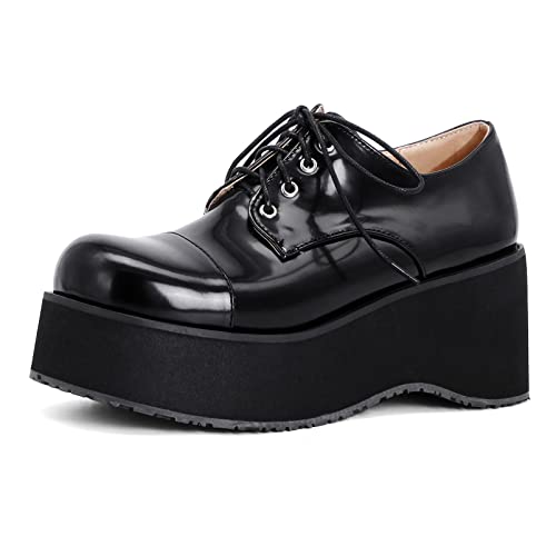 Diuniarza Damen Oxford mit Keilabsatz Runde Zehen Komfort-Pump Schnüren Party-Schuhe mit Mittlerem Absatz mit Plateau, 9608Ghy Schwarz Gr 48 EU von Diuniarza