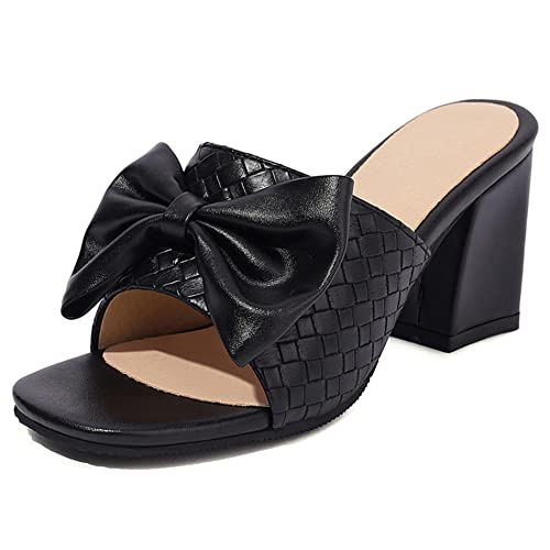 Diuniarza Damen Pantoletten mit Absatz, Sandalen Offene Zeh Elegant Blockabsatz Party Schuhe Ohne Verschluss Bogen, 12797Jas Schwarz Gr 45 EU von Diuniarza