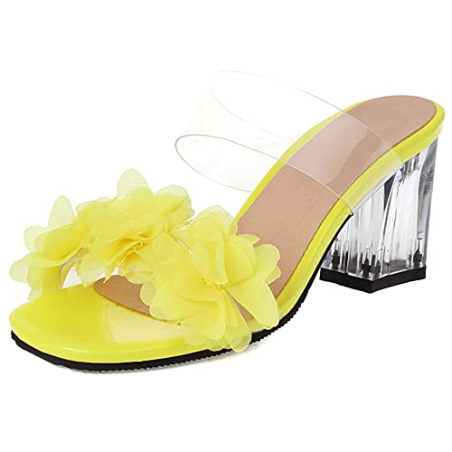 Diuniarza Damen Pantoletten mit Absatz, Sandalen Offene Zeh Leisure Blockabsatz Party Schuhe Ohne Verschluss Blumes, 13631Cuq Gelb Gr 39 EU von Diuniarza