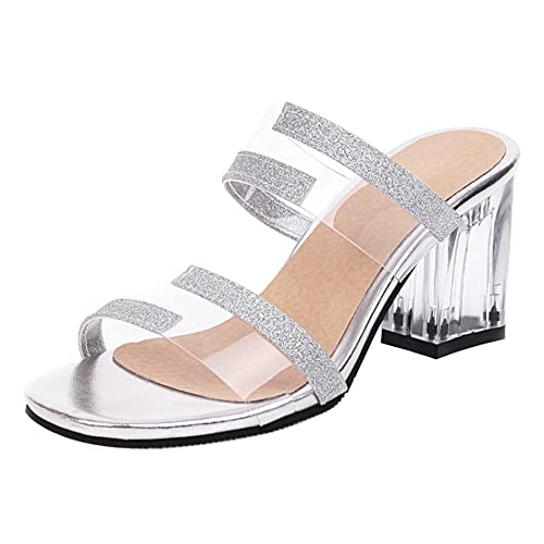 Diuniarza Damen Pantoletten mit Absatz, Sandalen Offene Zeh Leisure Blockabsatz Party Schuhe Ohne Verschluss Glitzer, 13504Yfv Silber Gr 48 EU von Diuniarza