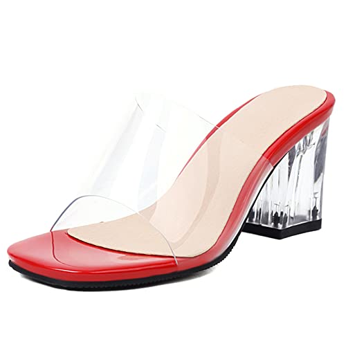Diuniarza Damen Pantoletten mit Absatz, Sandalen Offene Zeh Leisure Blockabsatz Party Schuhe Ohne Verschluss Transparent, 13308Run Rot Gr 39 EU von Diuniarza