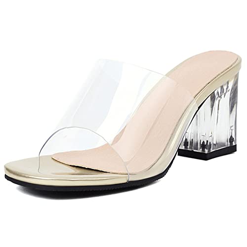 Diuniarza Damen Pantoletten mit Absatz, Sandalen Offene Zeh Leisure Blockabsatz Party Schuhe Ohne Verschluss Transparent, 13332Xfc Gold Gr 46 EU von Diuniarza