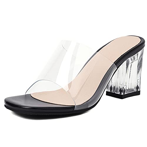 Diuniarza Damen Pantoletten mit Absatz, Sandalen Offene Zeh Leisure Blockabsatz Party Schuhe Ohne Verschluss Transparent, 13350Mcy Schwarz Gr 47 EU von Diuniarza