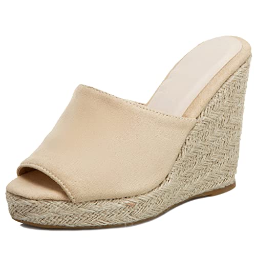 Diuniarza Damen Pantoletten mit Absatz, Sandalen Offene Zeh Leisure Keilabsatz Party Espadrille mit Plateau Ohne Verschluss Simple, 13009Uck Beige Gr 44 EU von Diuniarza
