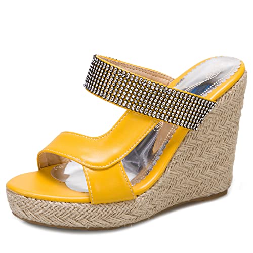 Diuniarza Damen Pantoletten mit Absatz, Sandalen Offene Zeh Leisure Keilabsatz Party Espadrille mit Plateau Ohne Verschluss Studded, 13111Jhg Gelb Gr 48 EU von Diuniarza