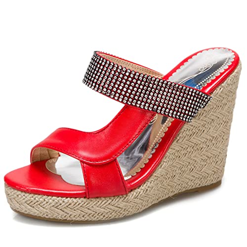 Diuniarza Damen Pantoletten mit Absatz, Sandalen Offene Zeh Leisure Keilabsatz Party Espadrille mit Plateau Ohne Verschluss Studded, 13140Uym Rot Gr 43 EU von Diuniarza