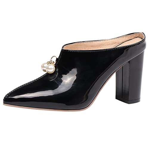 Diuniarza Damen Pantoletten mit Absatz, Sandalen Pointed Toe Mode Blockabsatz Party Schuhe Ohne Verschluss Beaded, 13753Nih Schwarz Gr 38 EU von Diuniarza