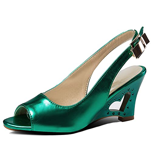 Diuniarza Damen Peep Toe Keilabsatzs Party-Sandales Slingback Mode Party Abend Sandalen Shiny Grün Gr 32 EU von Diuniarza