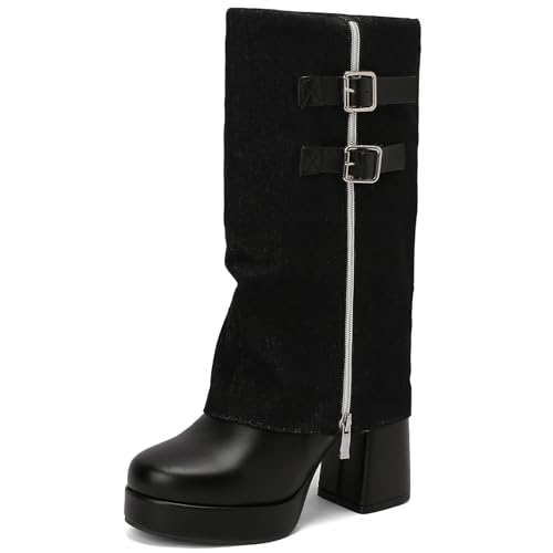 Diuniarza Damen Plateau Hohe Stiefel Blockabsatz Zip Block Mittelhohe Stiefel Mode Damen Denim Schnalle Weit Calf Schwarz Gr 43 EU/45 Asiatisch Diuniarza Damen Plateau Hohe Stiefel Blockabsatz Zip Block Mittelhohe Stiefel Mode Damen Denim Schnalle Weit Calf Schwarz Gr 43 EU/45 Asiatisch von Diuniarza