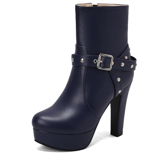 Diuniarza Damen Plateau Stiefeletten Schnalle Mittelhohe Stiefel Elegant Hochzeit Party Blockabsatz Warm Runde Zehen Stiefeletten Blau Gr 34 EU von Diuniarza