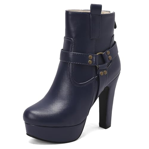 Diuniarza Damen Plateau Stiefeletten Schnalle Mittelhohe Stiefel Elegant Hochzeit Party Blockabsatz Warm Runde Zehen Stiefeletten Blau Gr 40 EU/41 Asiatisch von Diuniarza