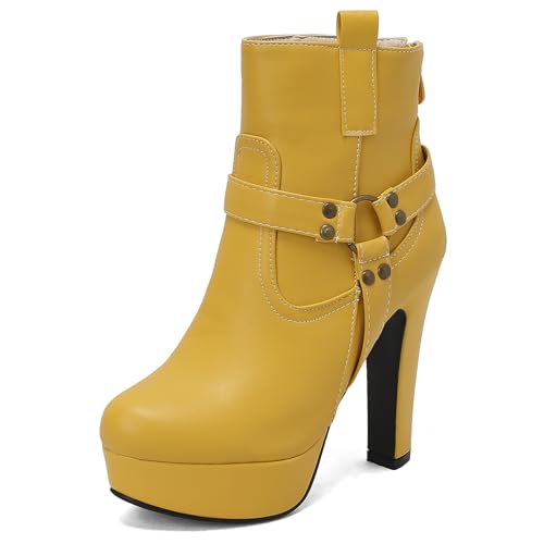 Diuniarza Damen Plateau Stiefeletten Schnalle Mittelhohe Stiefel Elegant Hochzeit Party Blockabsatz Warm Runde Zehen Stiefeletten Gelb Gr 34 EU von Diuniarza