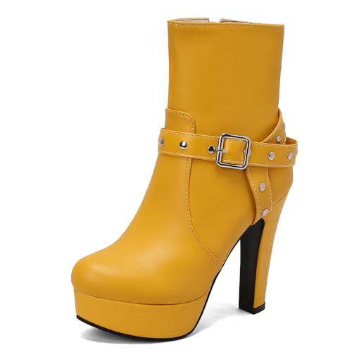 Diuniarza Damen Plateau Stiefeletten Schnalle Mittelhohe Stiefel Elegant Hochzeit Party Blockabsatz Warm Runde Zehen Stiefeletten Gelb Gr 36.5 EU/37 Asiatisch von Diuniarza