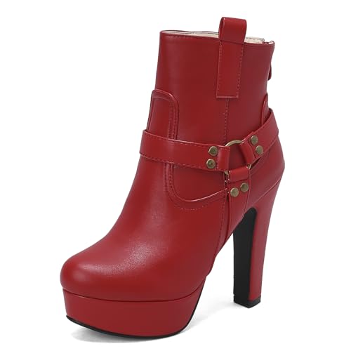 Diuniarza Damen Plateau Stiefeletten Schnalle Mittelhohe Stiefel Elegant Hochzeit Party Blockabsatz Warm Runde Zehen Stiefeletten Rot Gr 34 EU von Diuniarza