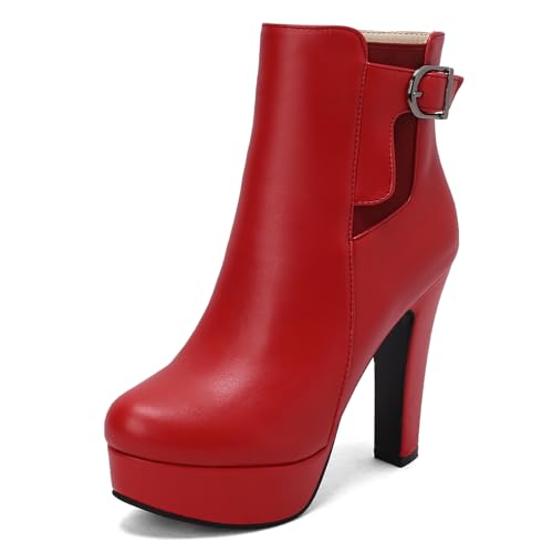 Diuniarza Damen Plateau Stiefeletten Schnalle Mittelhohe Stiefel Elegant Hochzeit Party Blockabsatz Warm Runde Zehen Stiefeletten Rot Gr 35 EU von Diuniarza