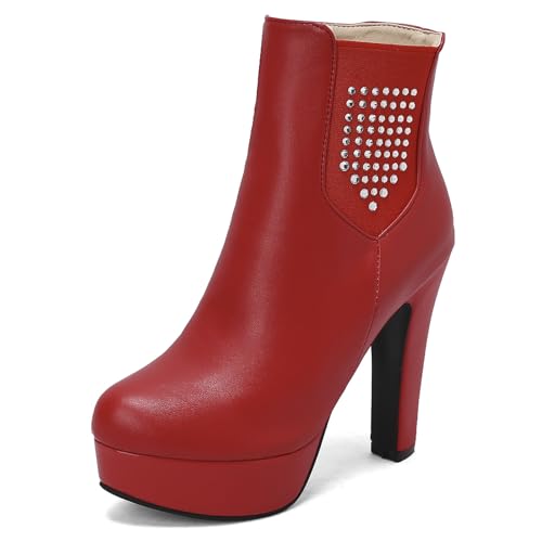 Diuniarza Damen Plateau Stiefeletten Schnalle Mittelhohe Stiefel Elegant Hochzeit Party Blockabsatz Warm Runde Zehen Stiefeletten Rot Gr 36 EU von Diuniarza