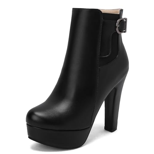 Diuniarza Damen Plateau Stiefeletten Schnalle Mittelhohe Stiefel Elegant Hochzeit Party Blockabsatz Warm Runde Zehen Stiefeletten Schwarz Gr 40.5 EU/42 Asiatisch von Diuniarza