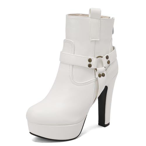Diuniarza Damen Plateau Stiefeletten Schnalle Mittelhohe Stiefel Elegant Hochzeit Party Blockabsatz Warm Runde Zehen Stiefeletten Weiß Gr 40 EU/41 Asiatisch von Diuniarza