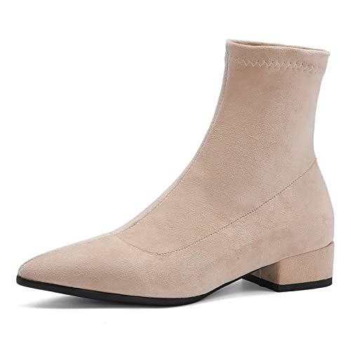 Diuniarza Damen Pointed Toe Stiefel Wildleder Buro Basic Stiefeletten Elegant Ohne Verschluss Block Stiefel Beige Gr 33 EU von Diuniarza