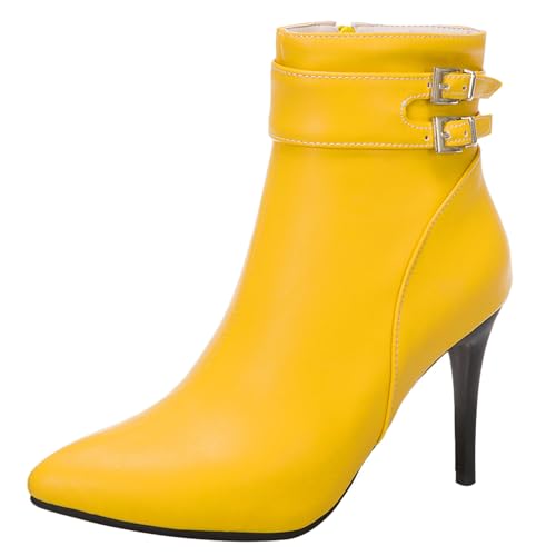 Diuniarza Damen Pointed Toe Stilettos Elegant Stiefeletten Warm Mittelhohe Stiefel Hochzeit Abendstiefel Buro Mode Anzugstiefel Gelb Gr 39 EU/40 Asiatisch von Diuniarza