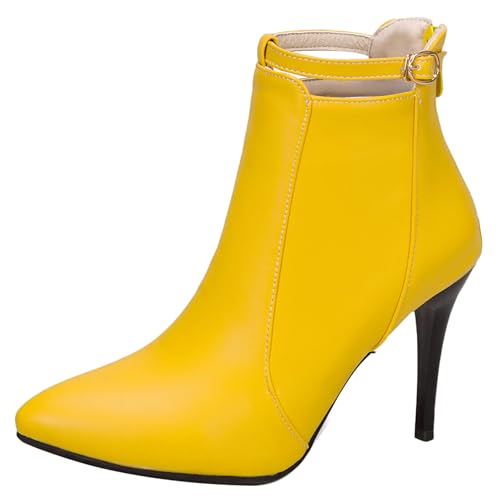 Diuniarza Damen Pointed Toe Stilettos Elegant Stiefeletten Warm Mittelhohe Stiefel Hochzeit Abendstiefel Buro Mode Anzugstiefel Gelb Gr 42 EU/44 Asiatisch von Diuniarza