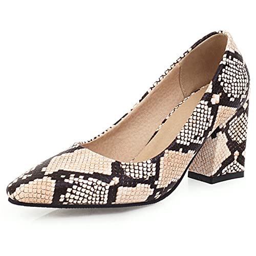 Diuniarza Damen Pump mit Blockabsatz Pointed Toe Modische Pump Ohne Verschluss Party-Schuhe mit Hohem Absatz Snakeskin Print, 17405Uni Beige Gr 47 EU von Diuniarza