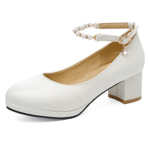 Diuniarza Damen Pump mit Blockabsatz Runde Zehen Lässige Pump Schnalle Kleiderschuhe mit Mittlerem Absatz mit Plateau Knöchelriemchen Beaded, 4890Ymx Weiß Gr 40 EU von Diuniarza
