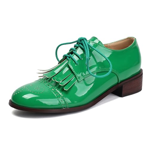 Diuniarza Damen Quasten Oxford Schnüren Schuhe Chunky Schuhe Lack Retro Runde Grün Gr 39 EU/40 von Diuniarza
